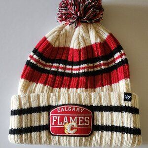 Calgary Flames, Patch, Natural, Cuff, Knit Hat, Flames Beanie, Toque Cap, Unisex